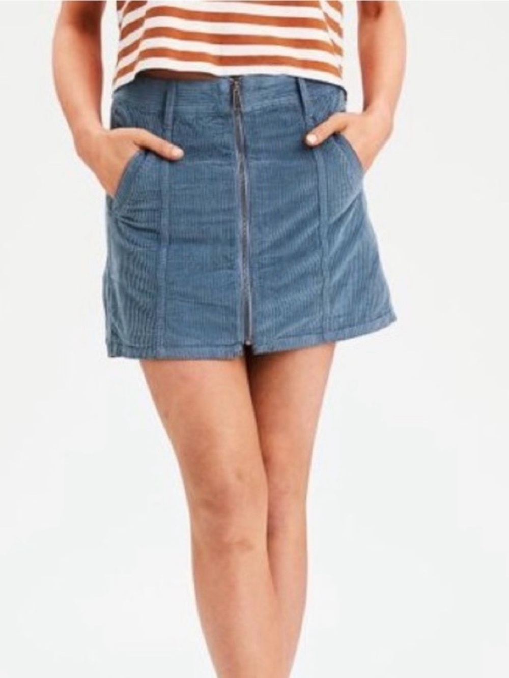 American Eagle Corduroy A-line Mini Skirt 2 Regular Pockets Grey Blue Color